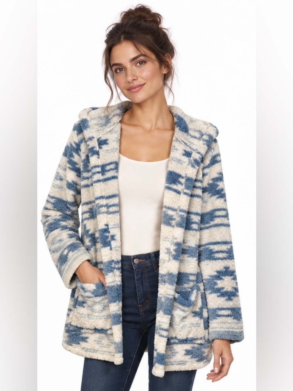 Plush Hooded Sherpa Cardigan in Blue & Cream